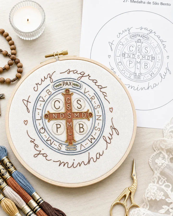 Medalha de São Bento bordada à mão no bastidor, ao lado da página do risco