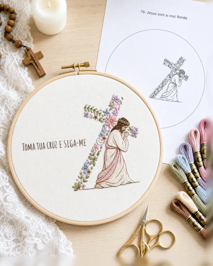 Jesus com a cruz florida bordado à mão, com a frase Toma tua cruz e siga-me