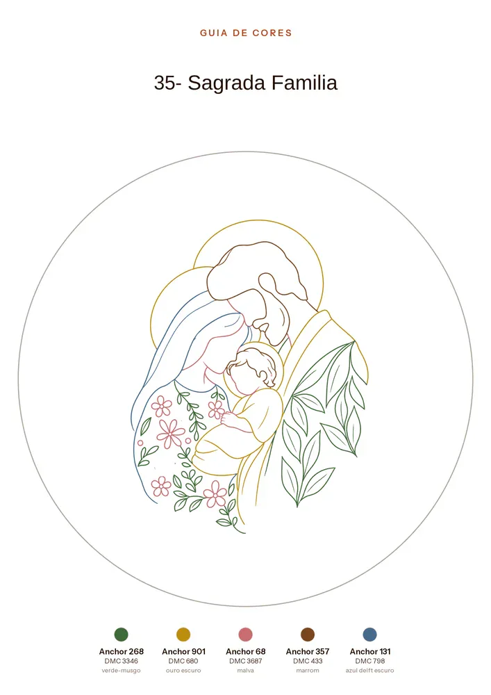 Página do Guia de Cores do risco 35, Sagrada Família, com as 5 linhas no pé: Anchor 268, 901, 68, 357 e 131 (DMC 3346, 680, 3687, 433 e 798)