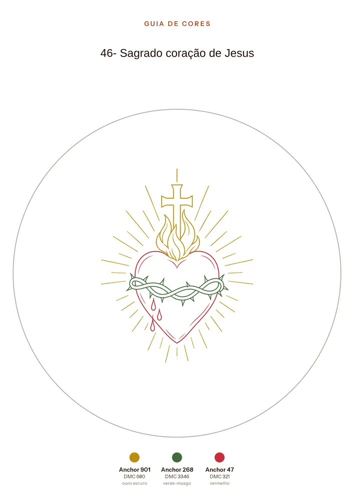 Página do Guia de Cores do risco 46, Sagrado Coração de Jesus, com as 3 linhas no pé: Anchor 901, 268 e 47 (DMC 680, 3346 e 321)